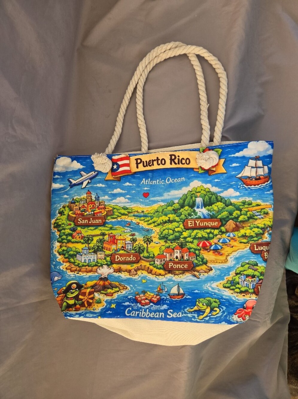 Puerto Rico Map Canvas Tote with Rope Handles - Blue